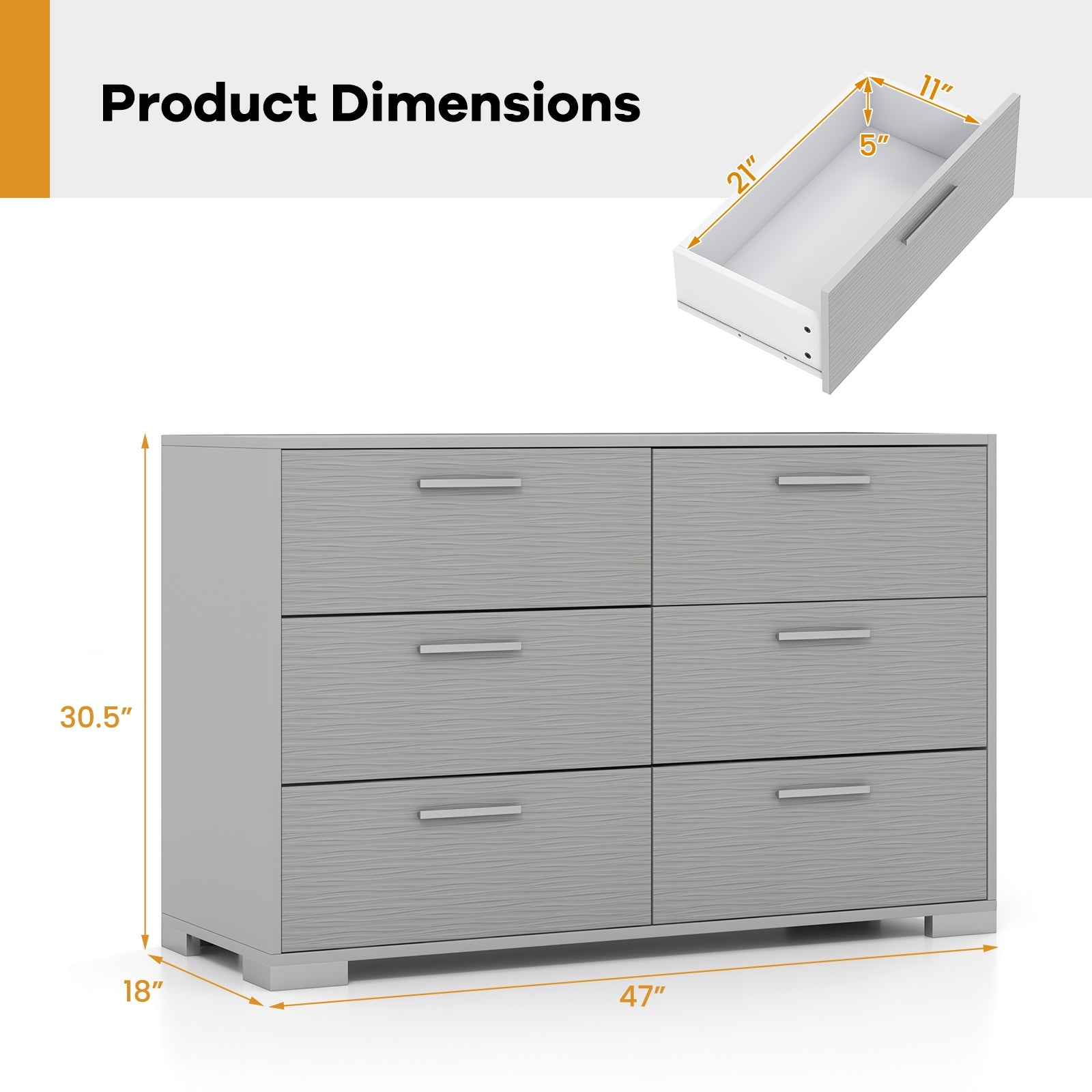 6 Drawer Storage Cabinet with Metal Legs Handles with Anti-Toppling Devices-Grey, Gray Cabinets & Chests at Gallery Canada
