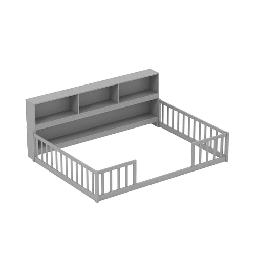 Montessori Floor Bed With Bookcase, Full Size, Gray