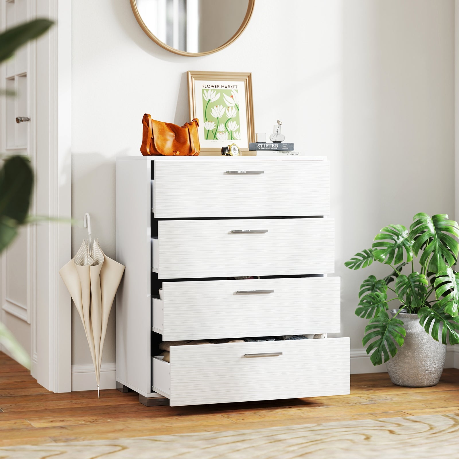 4 Drawer Storage Cabinet with Metal Legs Handles with Anti-Toppling Devices, White Cabinets & Chests at Gallery Canada
