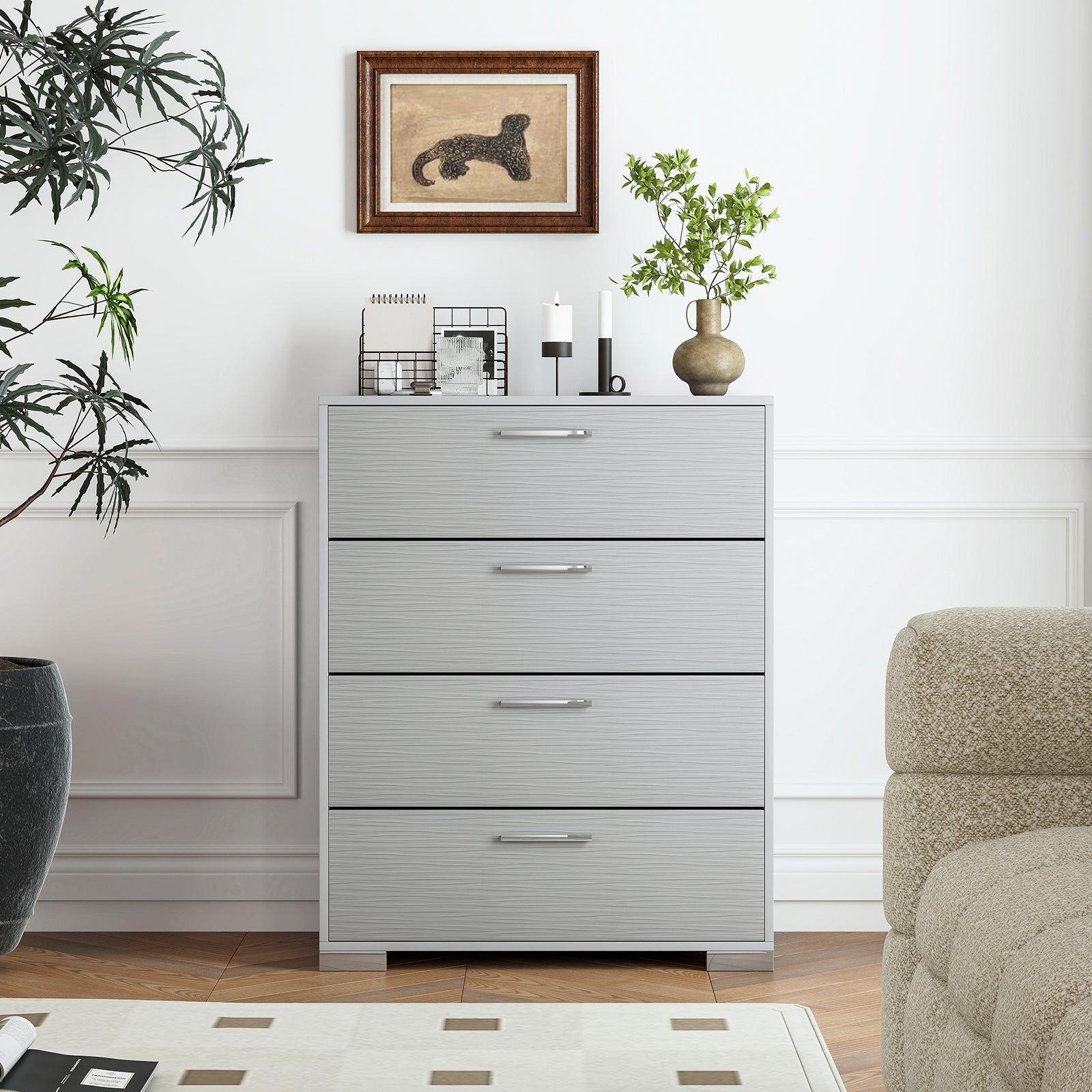4 Drawer Storage Cabinet with Metal Legs Handles with Anti-Toppling Devices, Gray Cabinets & Chests at Gallery Canada
