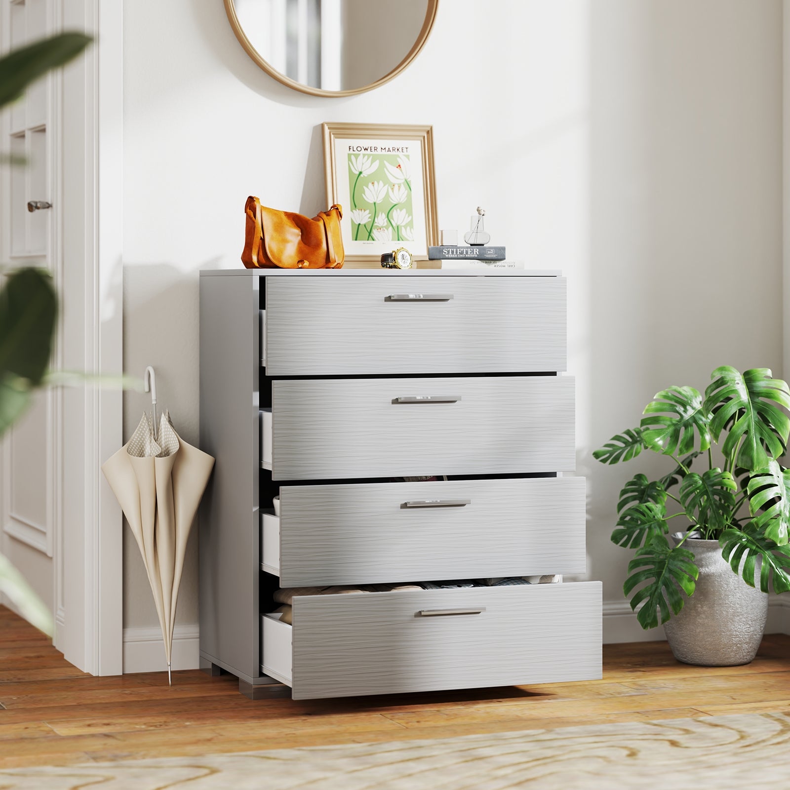 4 Drawer Storage Cabinet with Metal Legs Handles with Anti-Toppling Devices, Gray Cabinets & Chests at Gallery Canada