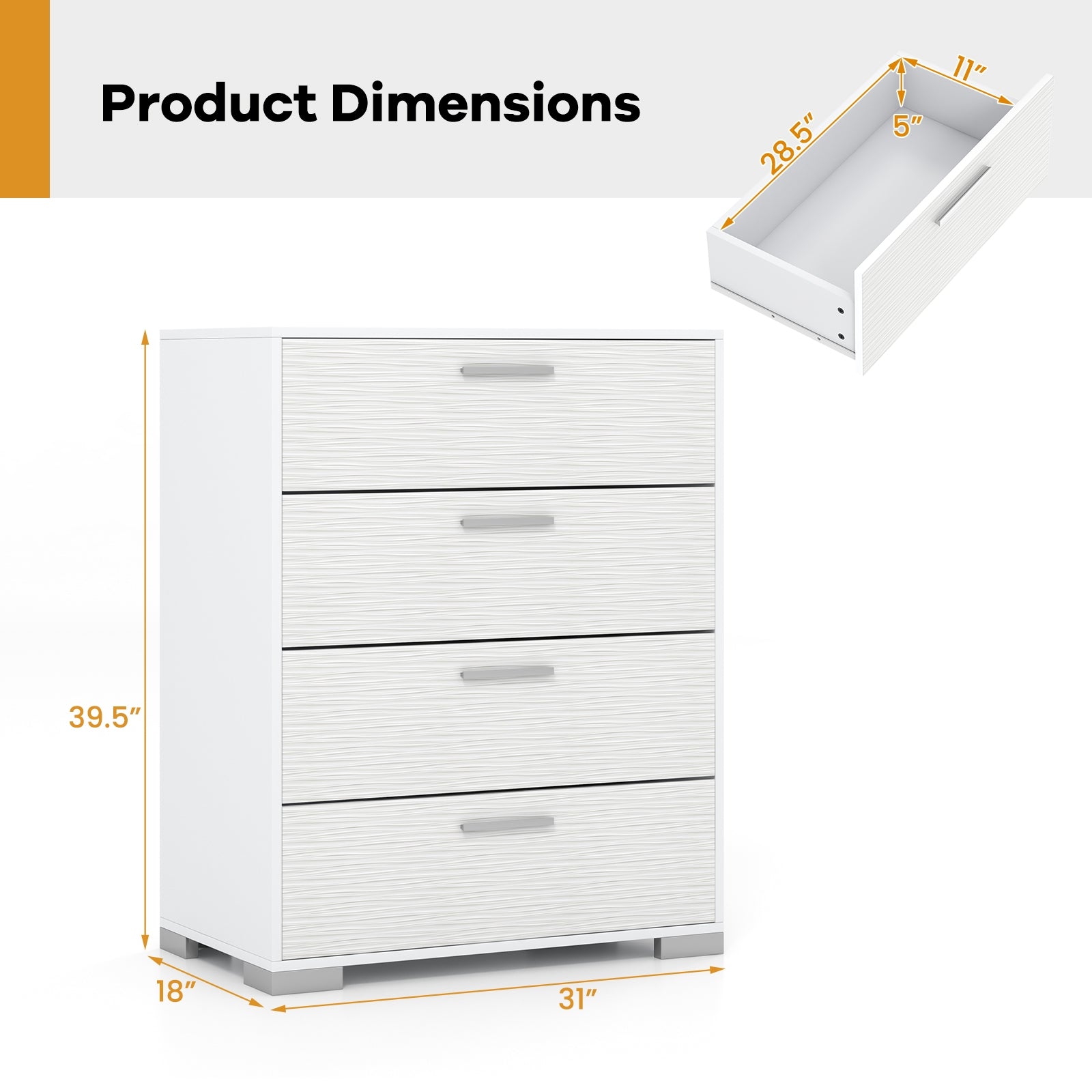 4 Drawer Storage Cabinet with Metal Legs Handles with Anti-Toppling Devices, White Cabinets & Chests at Gallery Canada