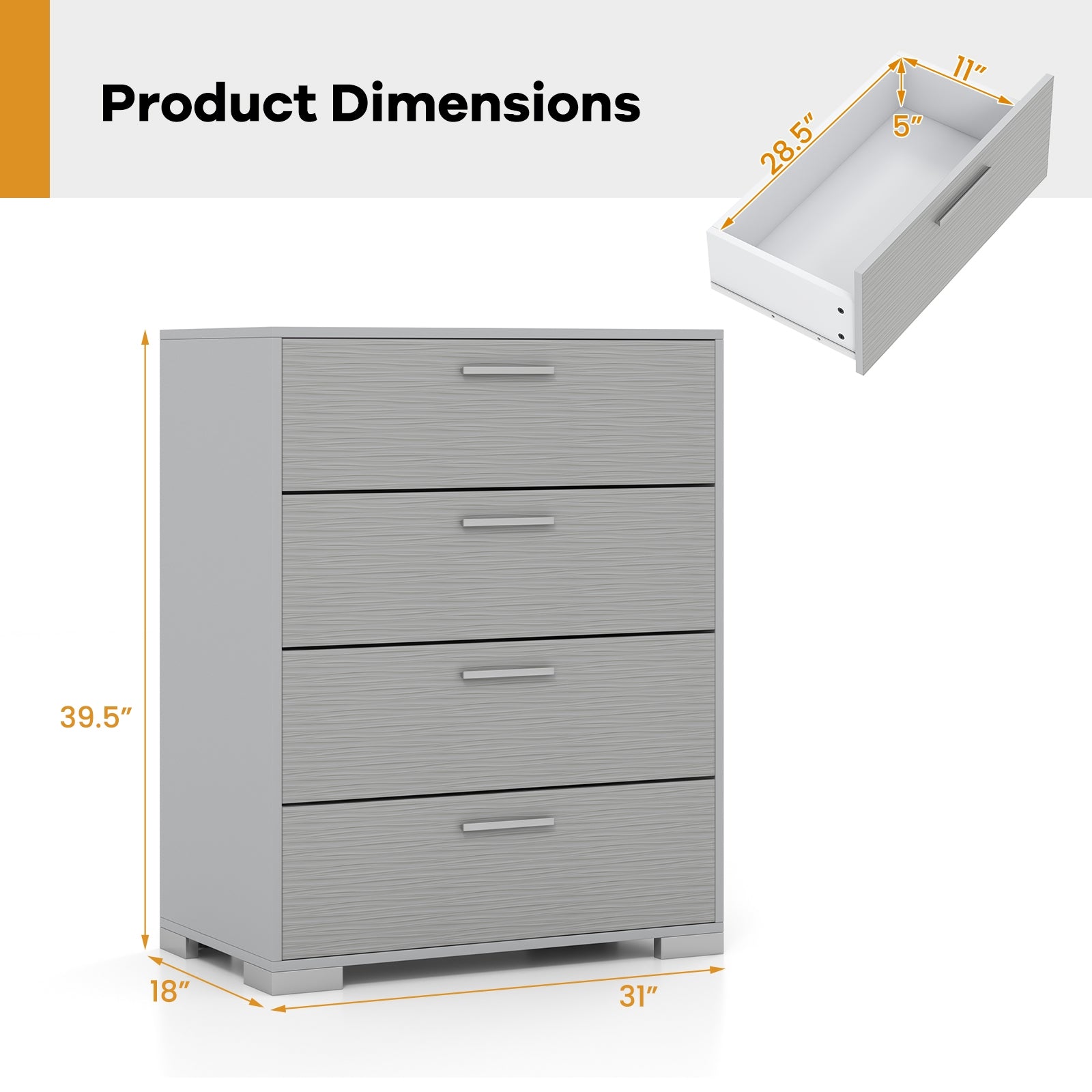 4 Drawer Storage Cabinet with Metal Legs Handles with Anti-Toppling Devices, Gray Cabinets & Chests at Gallery Canada