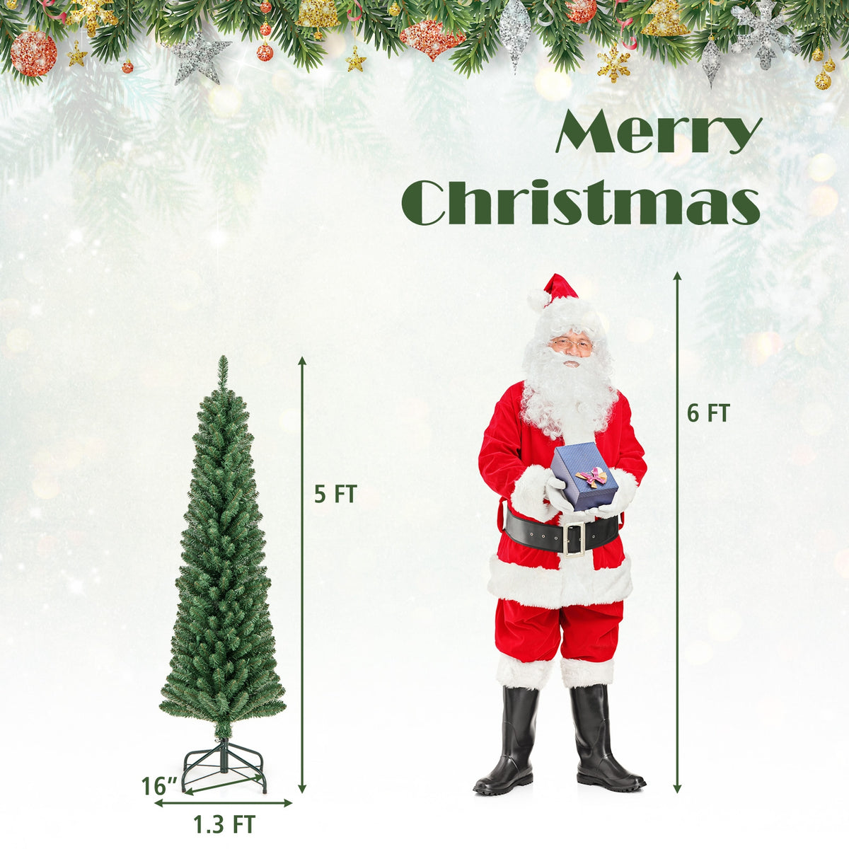 5FT Pencil Christmas Tree, Memory Wire Branch Tips, Warm LED Lights, Green Christmas Tree at Gallery Canada