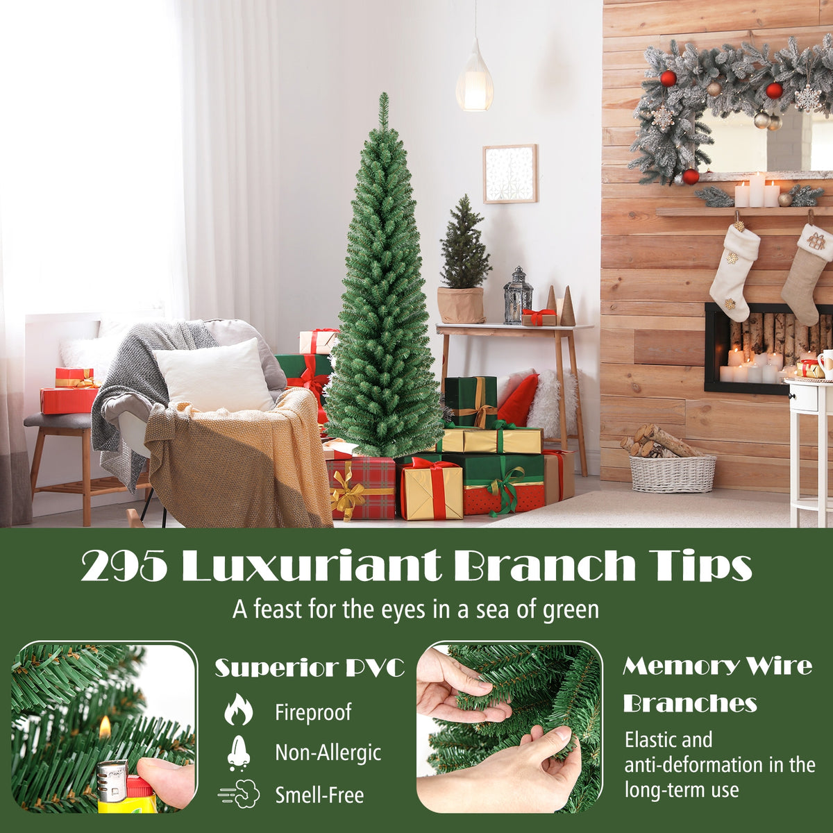 5FT Pencil Christmas Tree, Memory Wire Branch Tips, Warm LED Lights, Green Christmas Tree at Gallery Canada