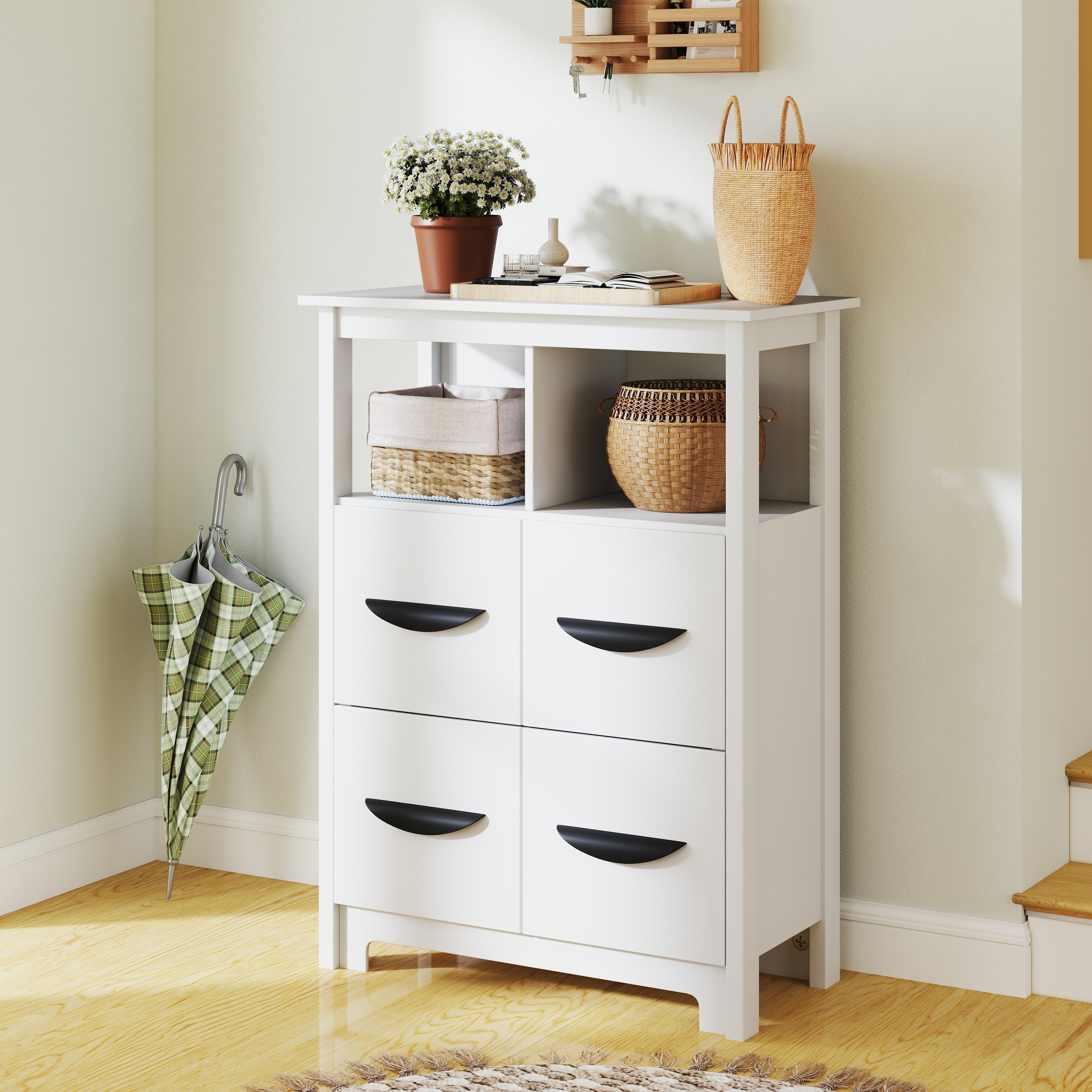 24 Inch Floor Cabinet, 2 Open Compartments, 2 Drawers, White Floor Cabinets at Gallery Canada