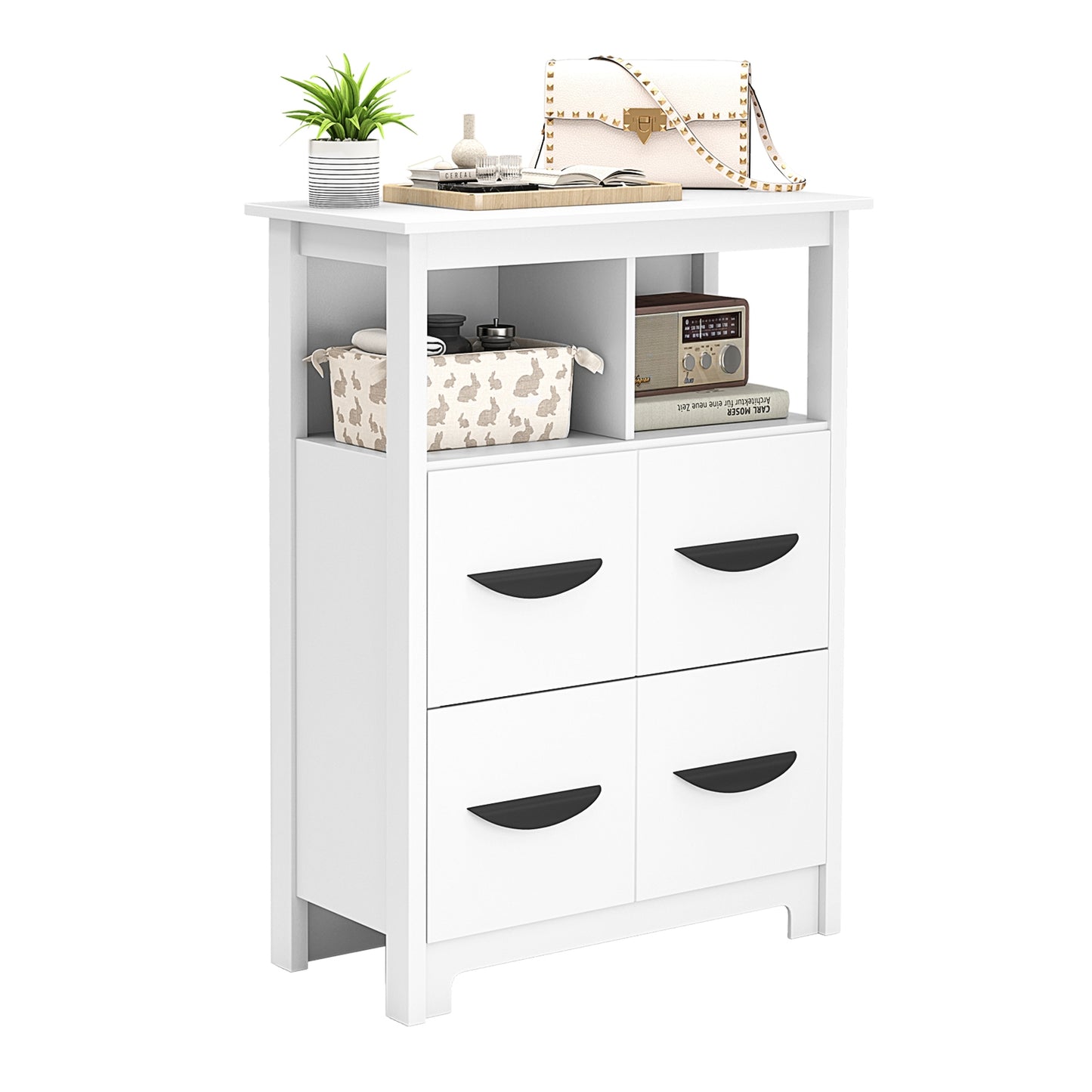 24 Inch Floor Cabinet with 2 Open Compartments and 2 Drawers, White Floor Cabinets White at Gallery Canada
