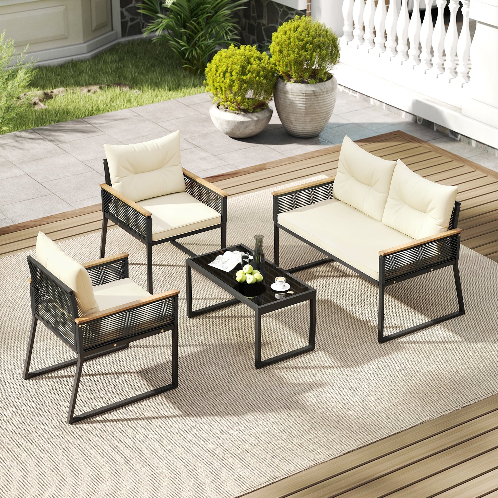 4 Pieces Patio Furniture Set Outdoor Conversation Set with Tempered Glass Coffee Table, Black Patio Furniture Sets at Gallery Canada