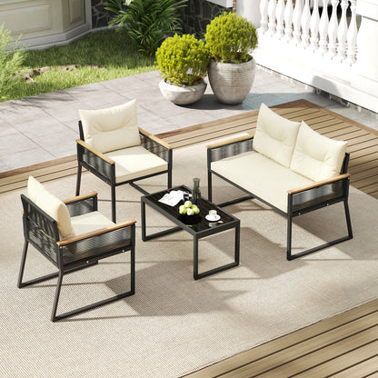 4 Pieces Patio Furniture Set Outdoor Conversation Set with Tempered Glass Coffee Table, Black Patio Furniture Sets at Gallery Canada