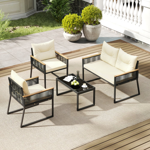 4 Pieces Patio Furniture Set Outdoor Conversation Set with Tempered Glass Coffee Table, Black