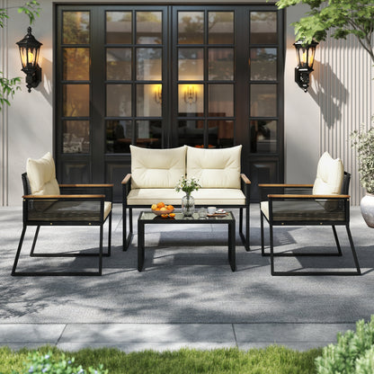 4 Pieces Patio Furniture Set Outdoor Conversation Set with Tempered Glass Coffee Table, Black Patio Furniture Sets at Gallery Canada
