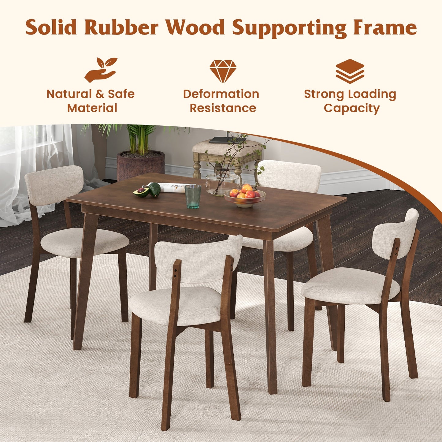 5-Piece Dining Table Set for 4 with Rubber Wood Frame and Padded Set, Brown Dining Room Sets at Gallery Canada
