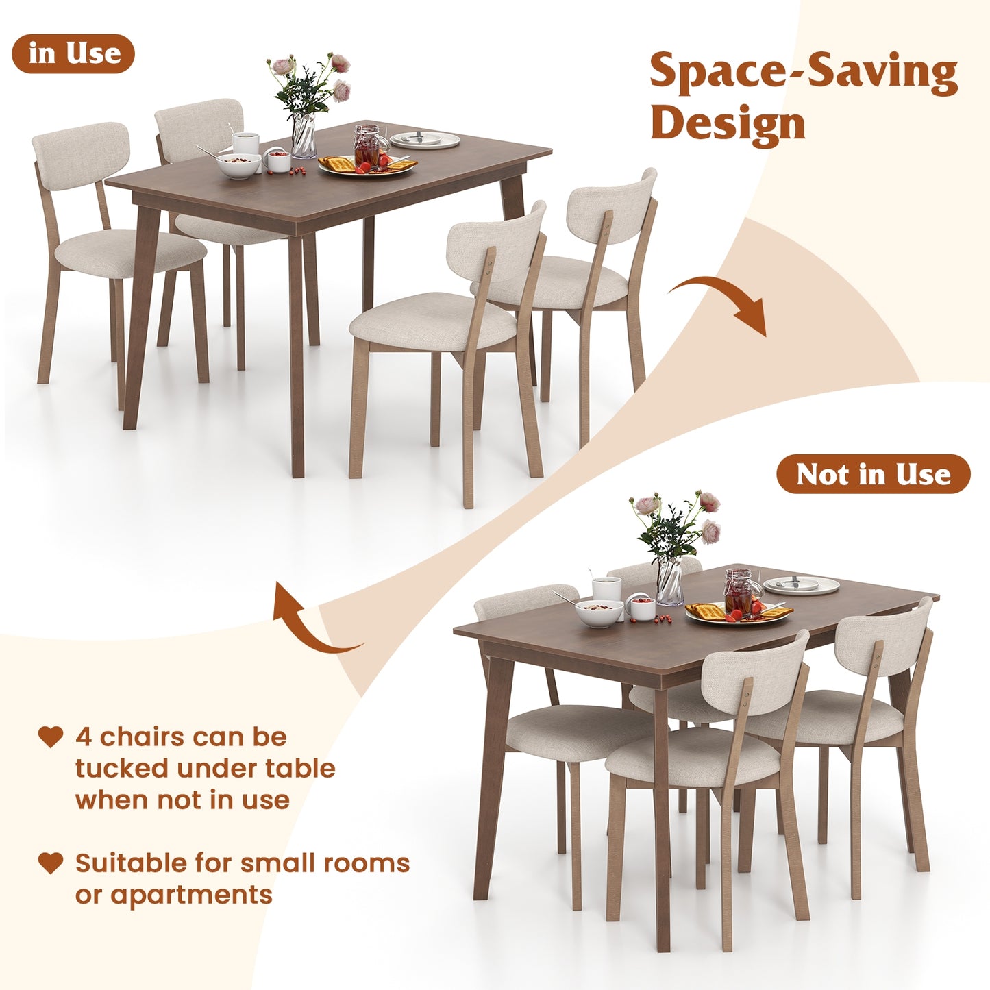 5-Piece Dining Table Set for 4 with Rubber Wood Frame and Padded Set, Brown Dining Room Sets at Gallery Canada