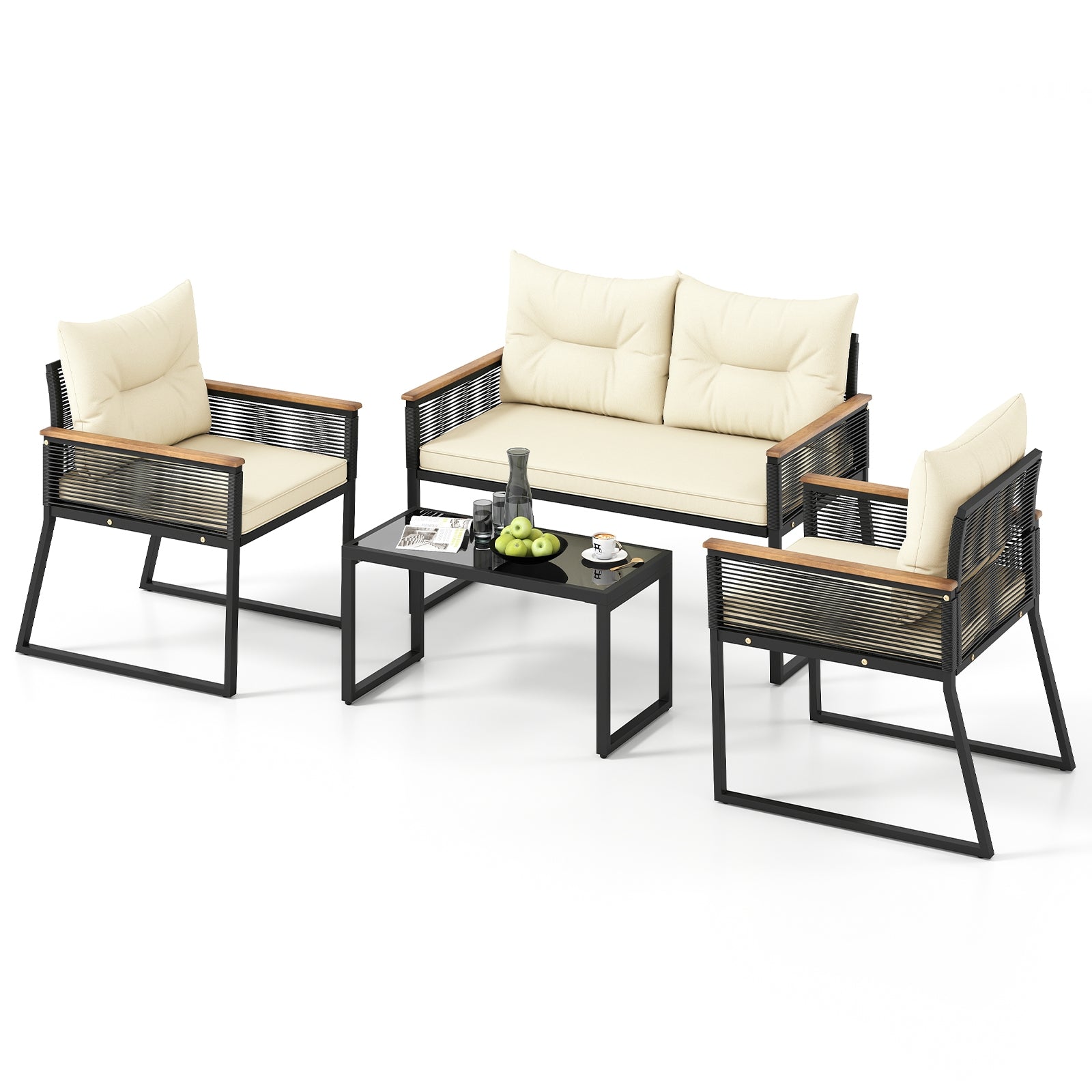 4 Pieces Patio Furniture Set Outdoor Conversation Set with Tempered Glass Coffee Table, Black Patio Furniture Sets at Gallery Canada