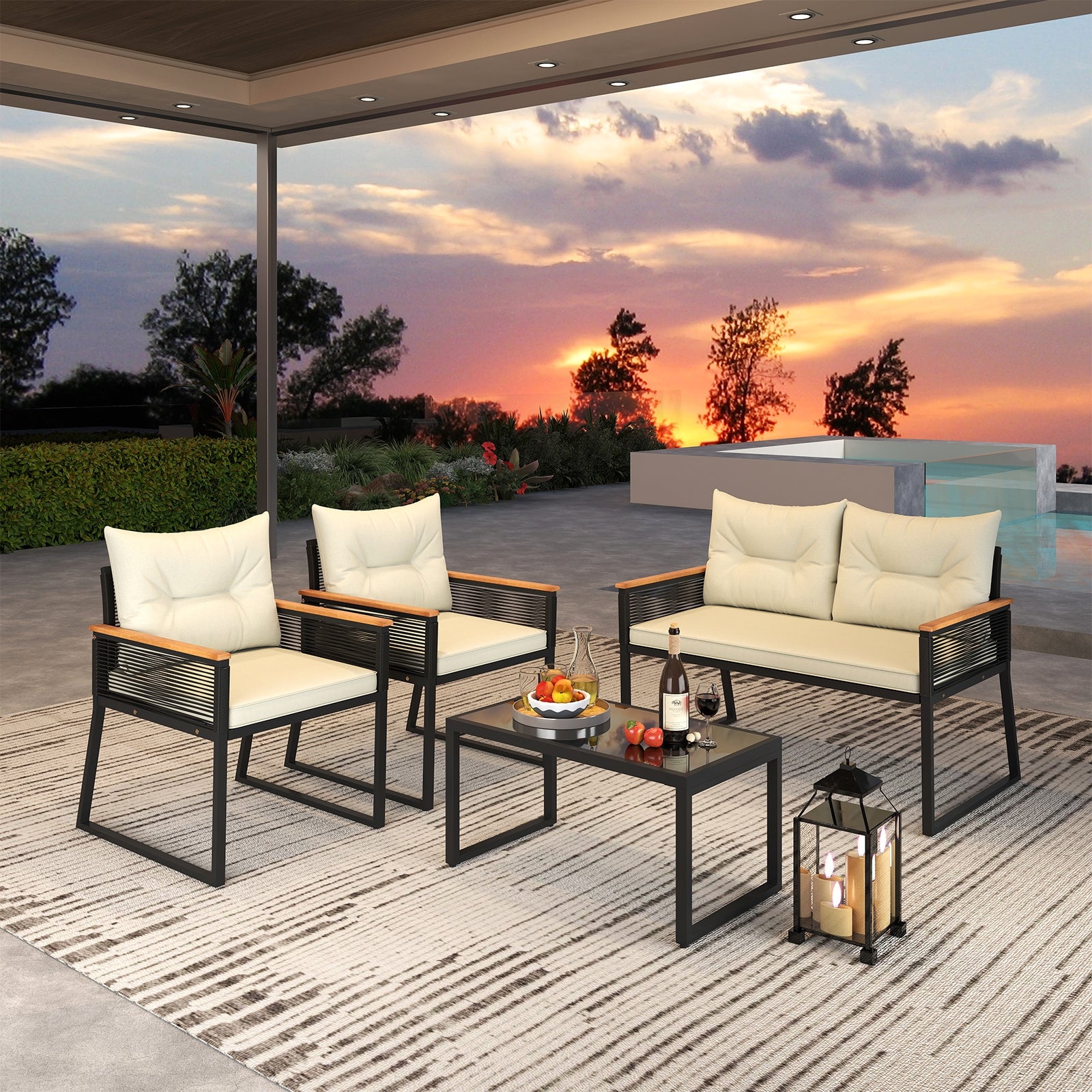 4 Pieces Patio Furniture Set Outdoor Conversation Set with Tempered Glass Coffee Table, Black Patio Furniture Sets at Gallery Canada