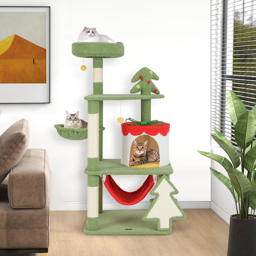 Cute Christmas Cat Tree with Sisal Scratching Posts and Gift Box Shaped Condo, Green