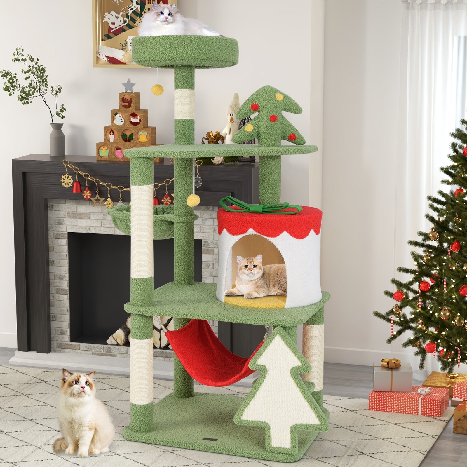 Cute Christmas Cat Tree with Sisal Scratching Posts and Gift Box Shaped Condo, Green Cat Trees Condos & Scratchers at Gallery Canada