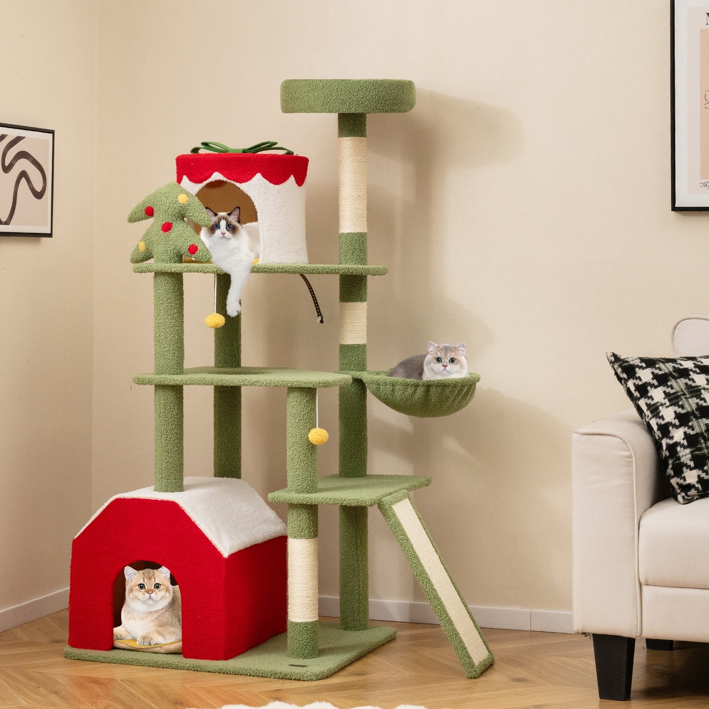 61 Inches Cute Christmas Cat Tree with Sisal Scratching Posts and 2 Condos, Green Cat Trees Condos & Scratchers at Gallery Canada