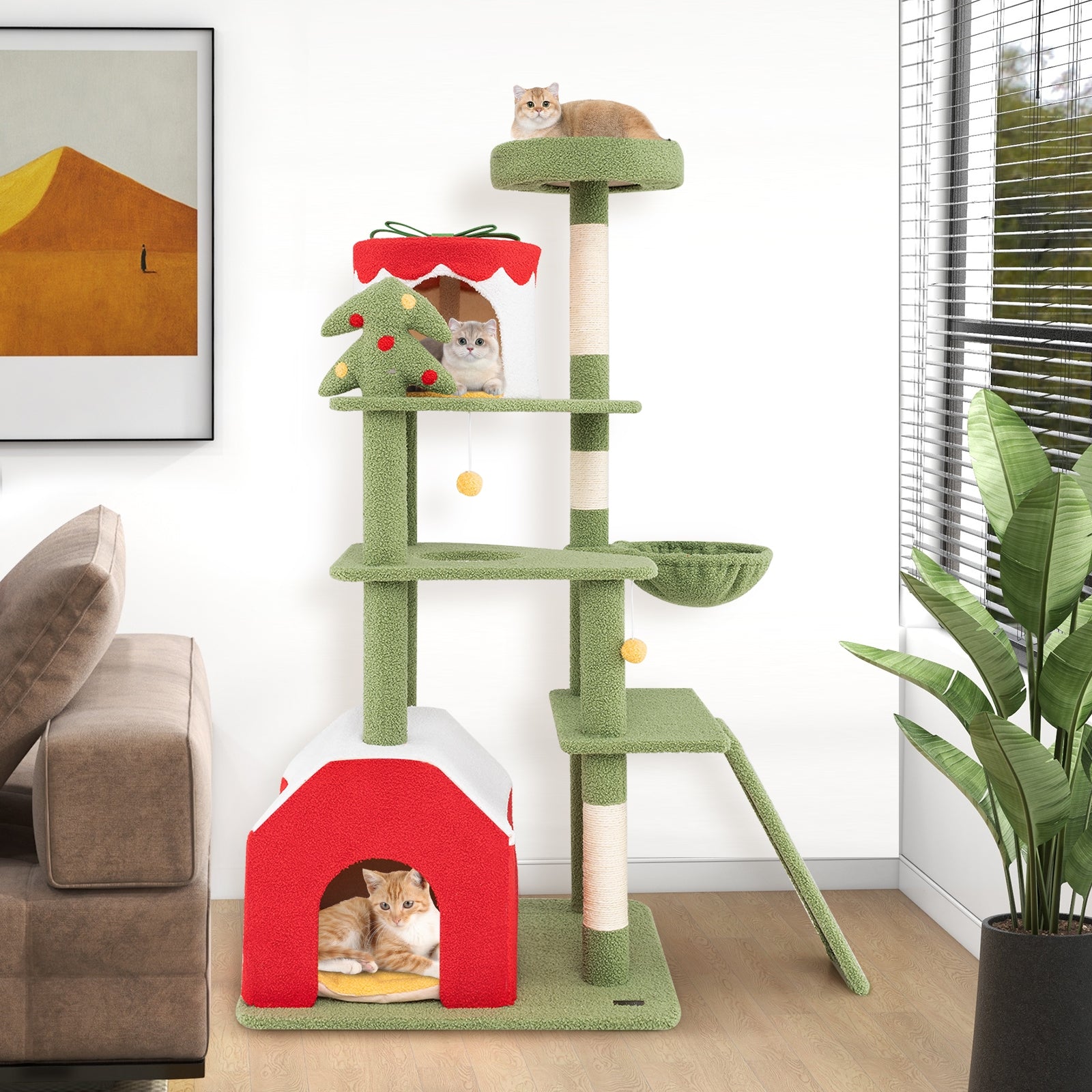 61 Inches Cute Christmas Cat Tree with Sisal Scratching Posts and 2 Condos, Green Cat Trees Condos & Scratchers at Gallery Canada