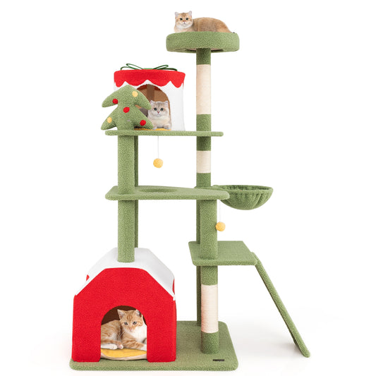 61 Inches Christmas Cat Tree, Sisal Scratching Posts, 2 Condos, Green