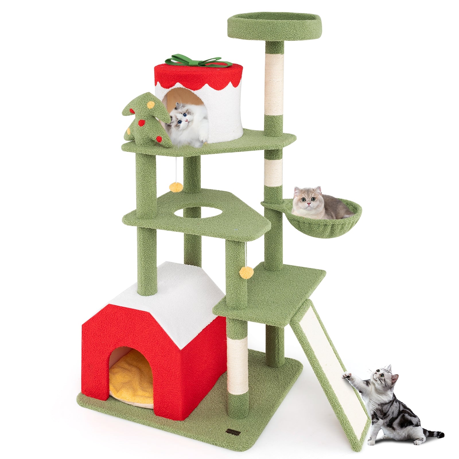 61 Inches Cute Christmas Cat Tree with Sisal Scratching Posts and 2 Condos, Green Cat Trees Condos & Scratchers at Gallery Canada