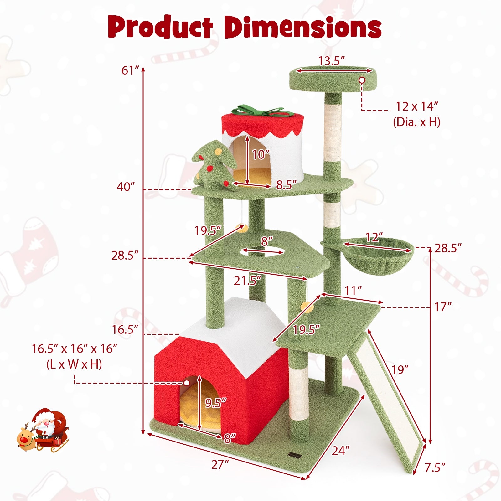 61 Inches Cute Christmas Cat Tree with Sisal Scratching Posts and 2 Condos, Green Cat Trees Condos & Scratchers at Gallery Canada