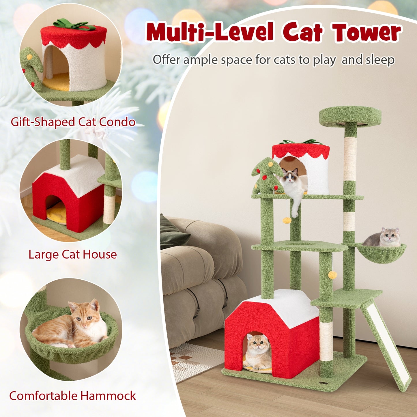 61 Inches Cute Christmas Cat Tree with Sisal Scratching Posts and 2 Condos, Green Cat Trees Condos & Scratchers at Gallery Canada