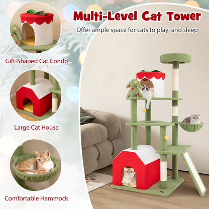 61 Inches Cute Christmas Cat Tree with Sisal Scratching Posts and 2 Condos, Green Cat Trees Condos & Scratchers at Gallery Canada