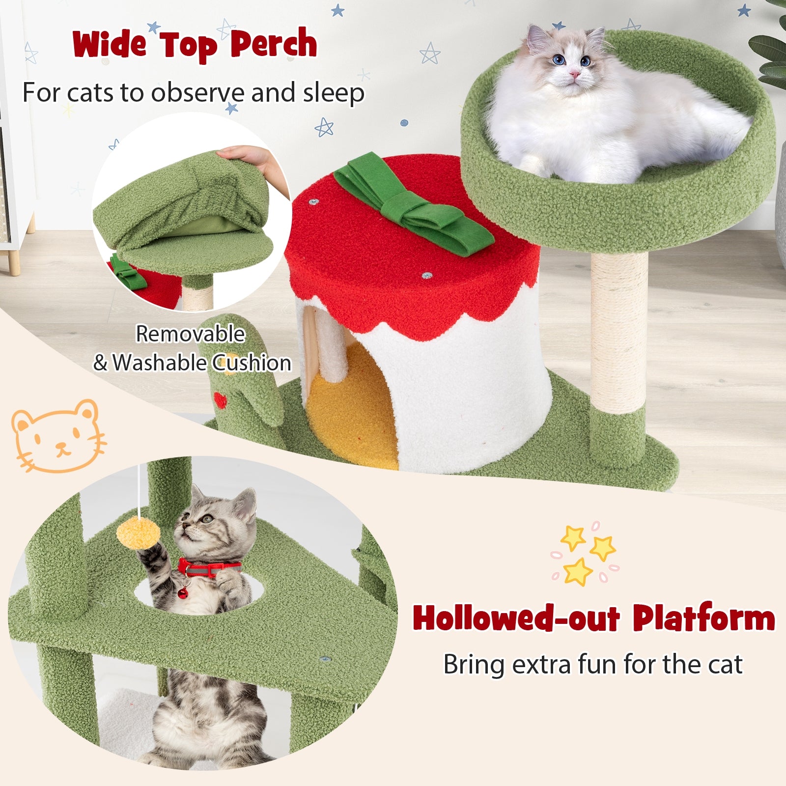 61 Inches Cute Christmas Cat Tree with Sisal Scratching Posts and 2 Condos, Green Cat Trees Condos & Scratchers at Gallery Canada