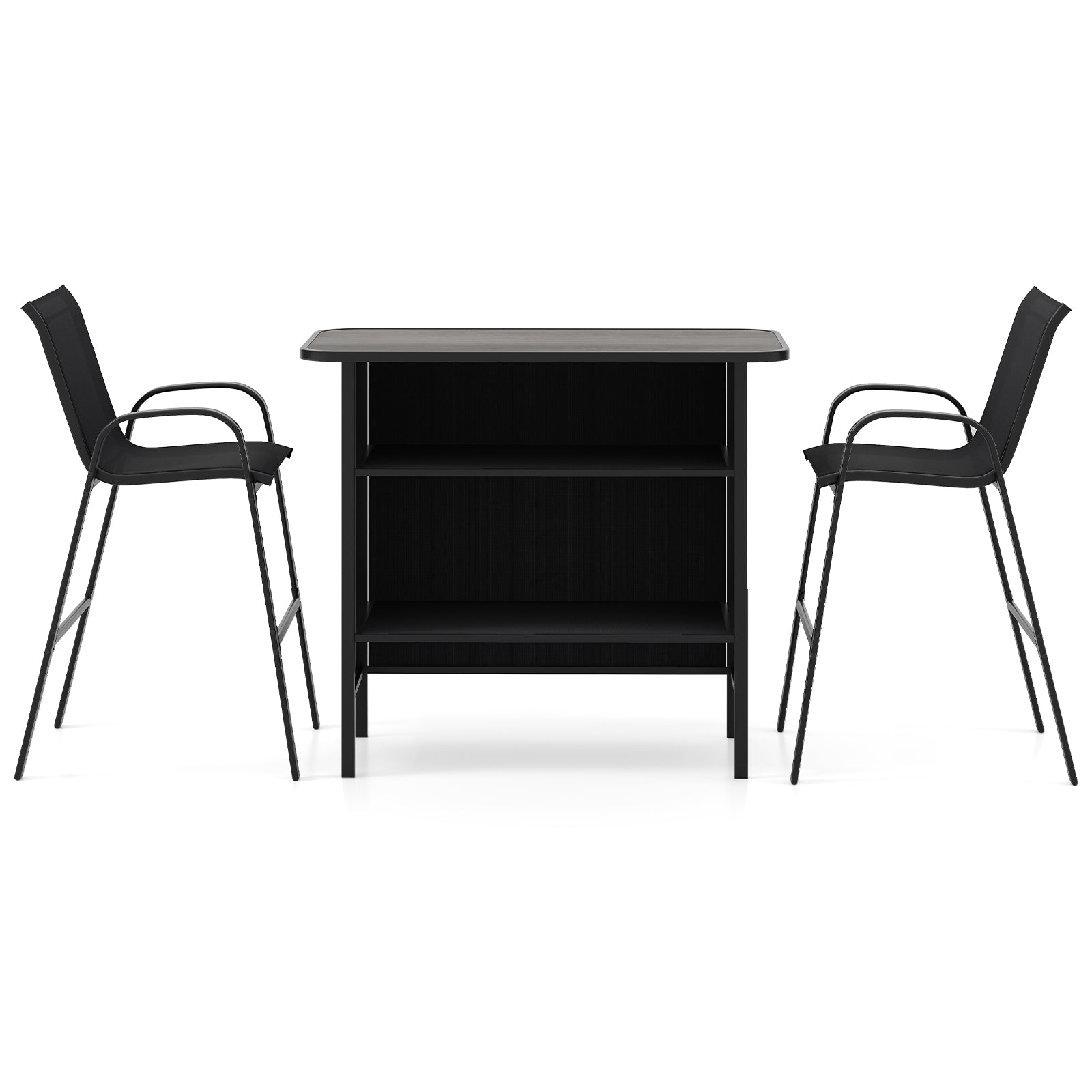 3 Piece Outdoor Bar Set With Footrest, 2-Tier Shelf, Black Patio Bar Furniture at Gallery Canada