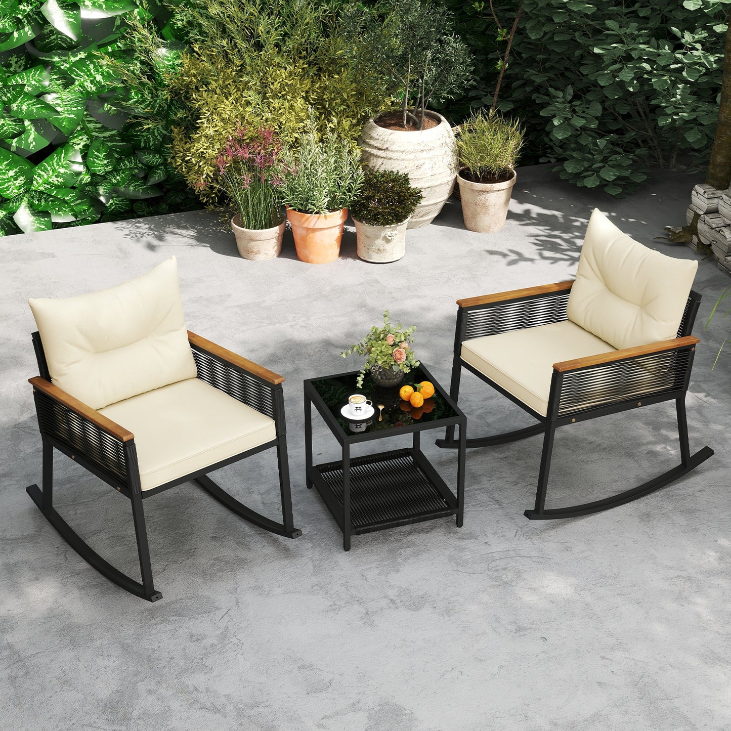 3 Piece Outdoor PE Rattan Rocking Bistro Set with 2-Tier Coffee Table, Black Patio Furniture Sets at Gallery Canada