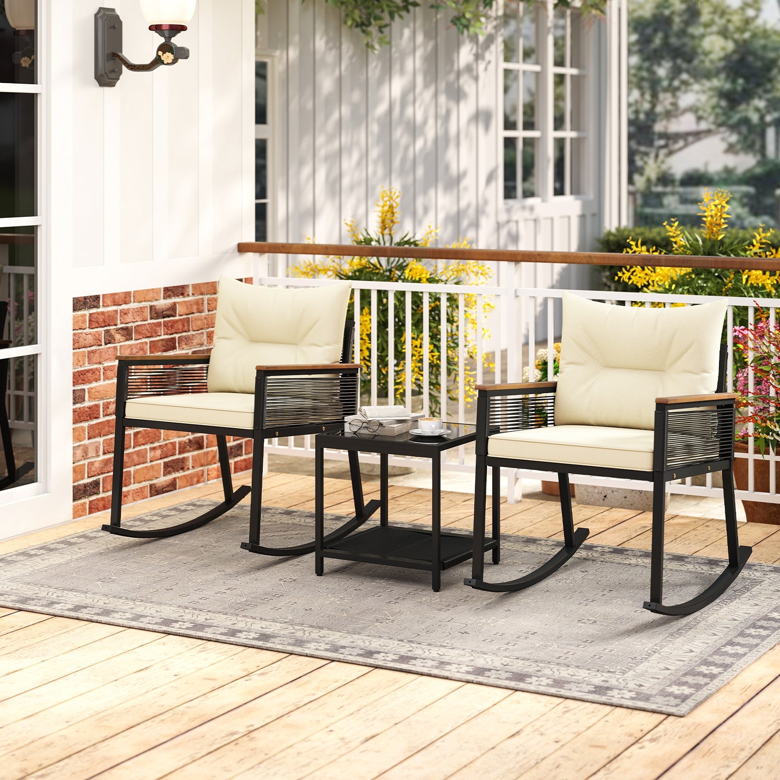 3 Piece Outdoor PE Rattan Rocking Bistro Set with 2-Tier Coffee Table, Black Patio Furniture Sets at Gallery Canada