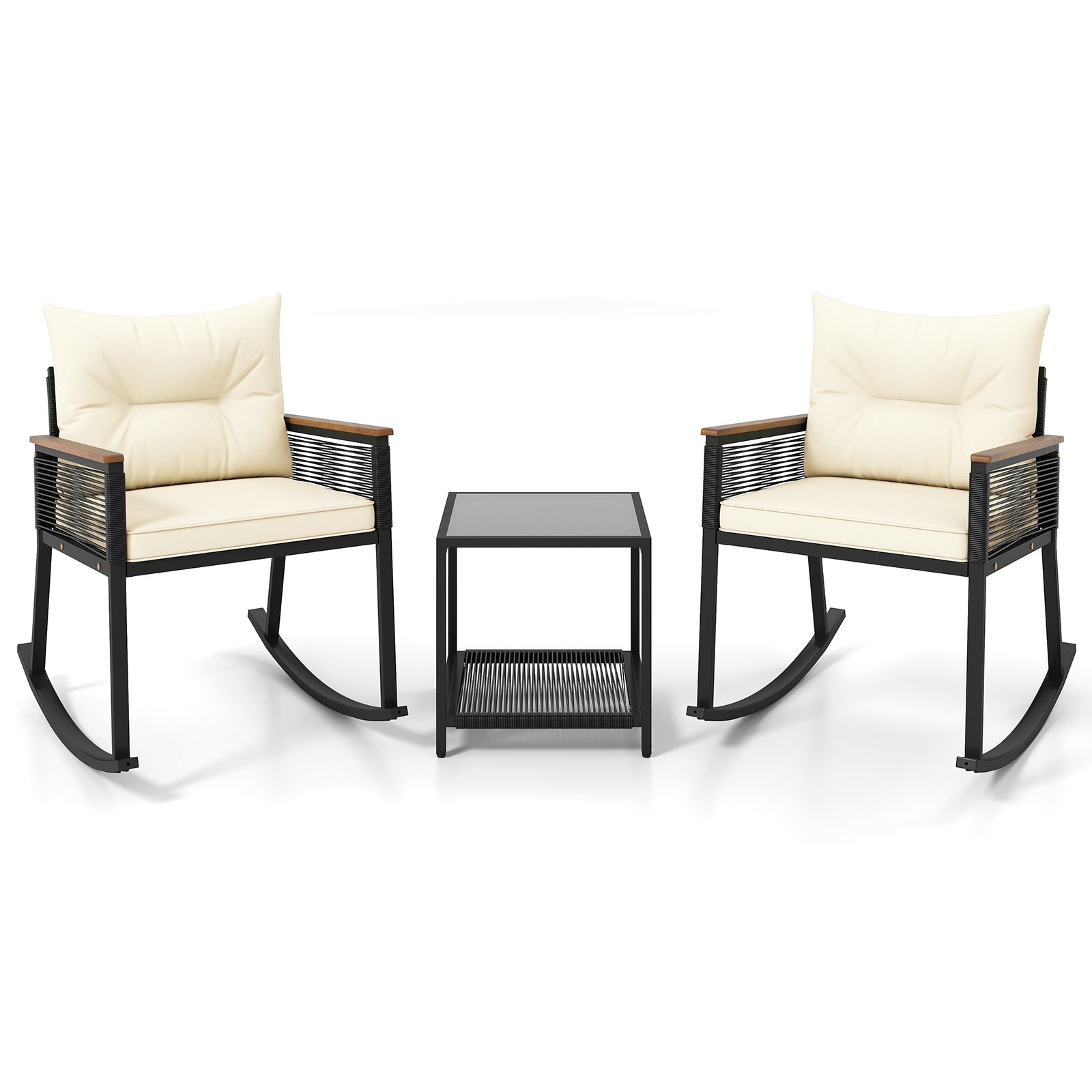 3 Piece Outdoor PE Rattan Rocking Bistro Set with 2-Tier Coffee Table, Black Patio Furniture Sets Black at Gallery Canada