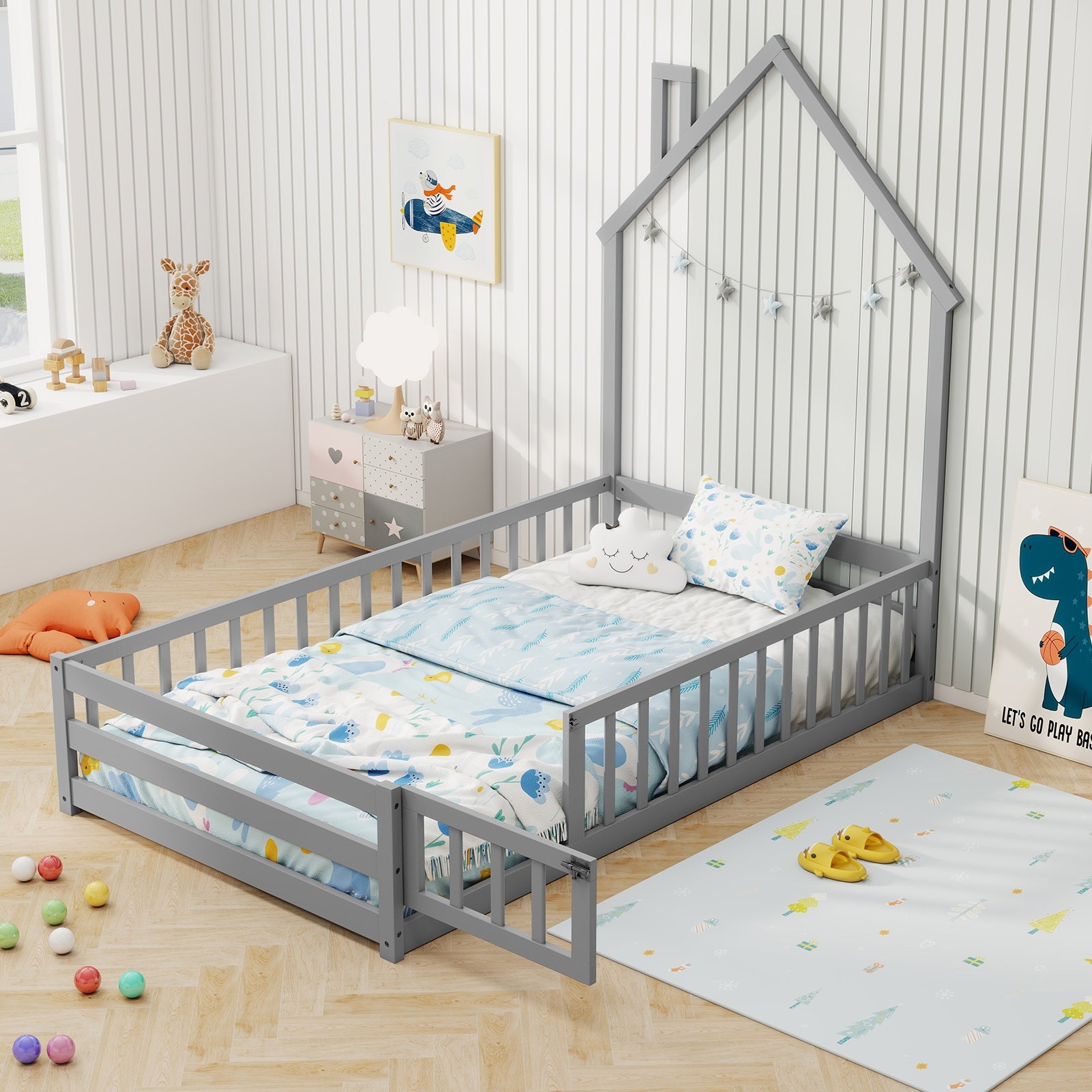 Twin Size Montessori Floor Bed with Lockable Door and Full-Length Guardrail, Gray Toddler Beds at Gallery Canada