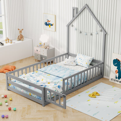 Twin Size Montessori Floor Bed with Lockable Door and Full-Length Guardrail, Gray Toddler Beds at Gallery Canada