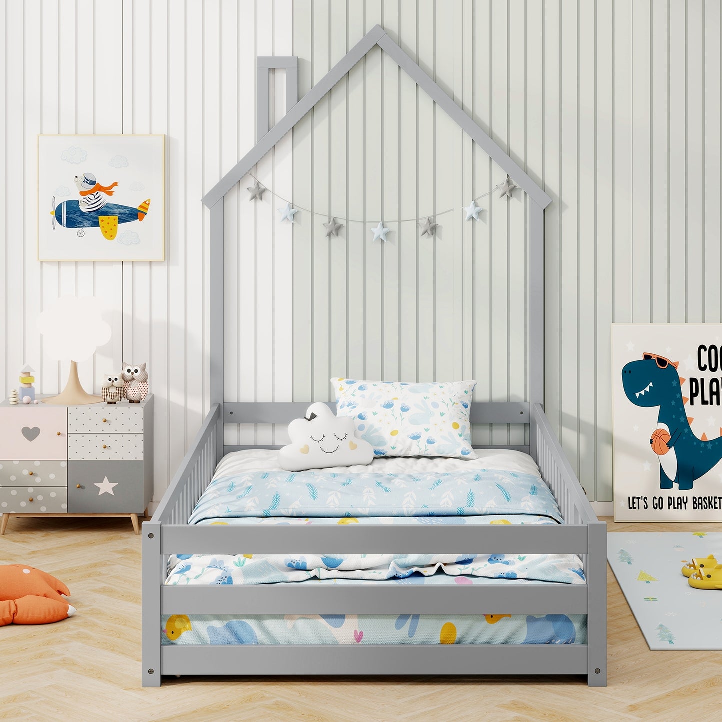 Twin Size Montessori Floor Bed with Lockable Door and Full-Length Guardrail, Gray Toddler Beds at Gallery Canada