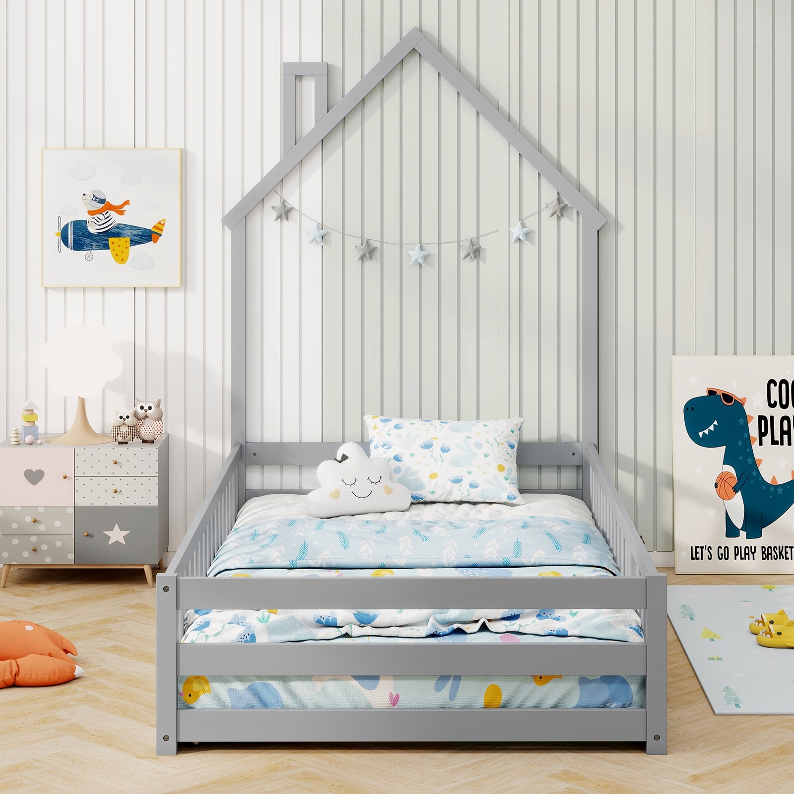 Twin Size Montessori Floor Bed with Lockable Door and Full-Length Guardrail, Gray Toddler Beds at Gallery Canada