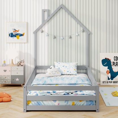 Twin Size Montessori Floor Bed with Lockable Door and Full-Length Guardrail, Gray Toddler Beds at Gallery Canada
