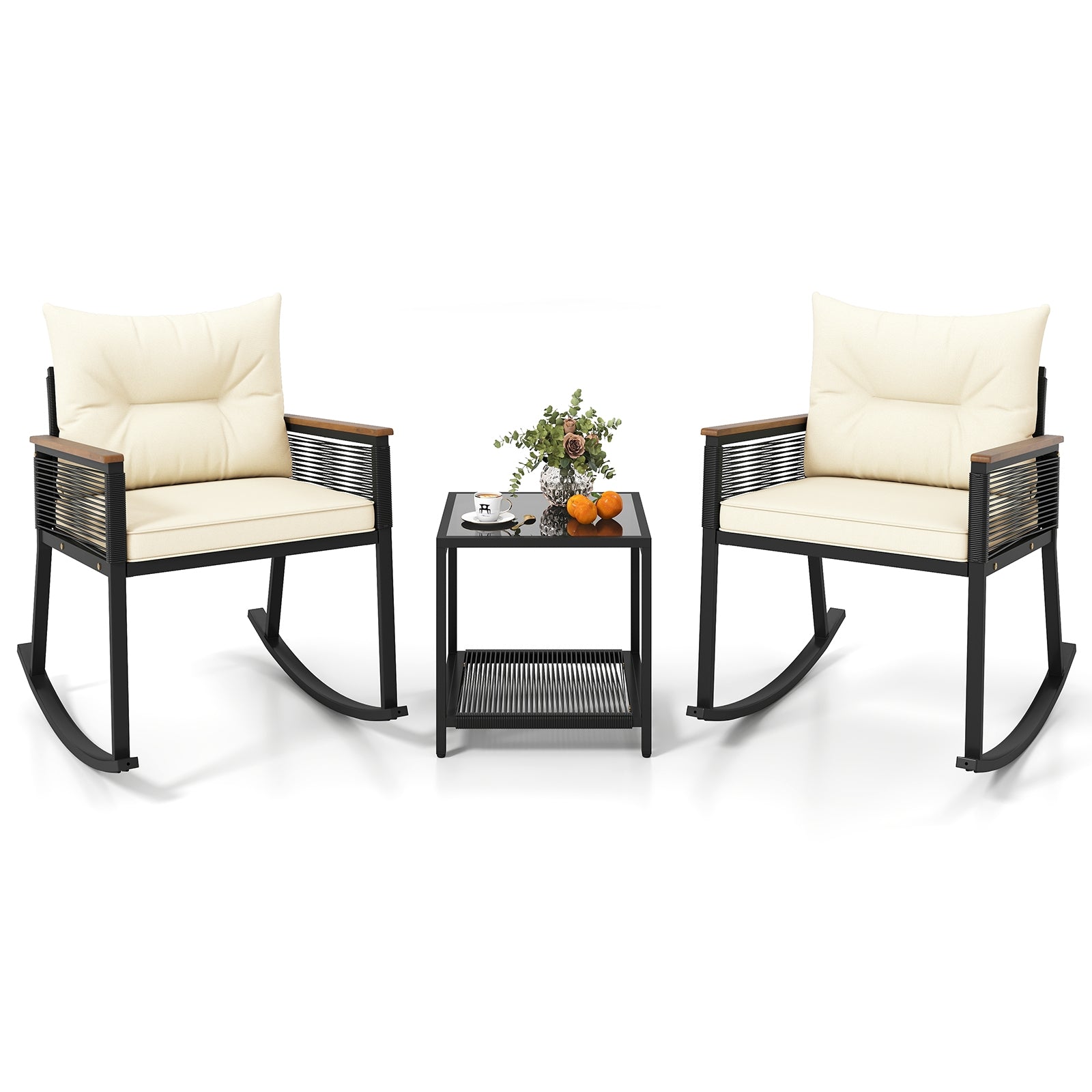 3 Piece Outdoor PE Rattan Rocking Bistro Set with 2-Tier Coffee Table, Black Patio Furniture Sets at Gallery Canada
