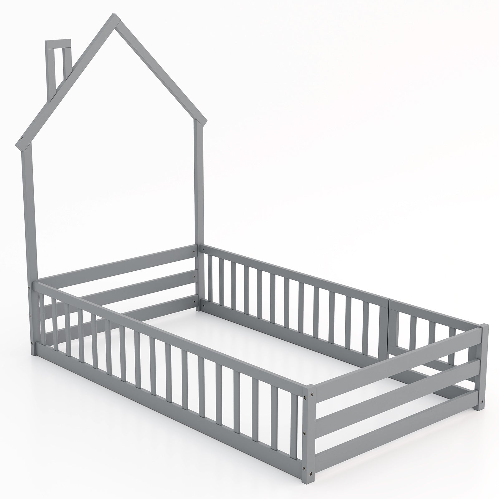 Twin Size Montessori Floor Bed with Lockable Door and Full-Length Guardrail, Gray Toddler Beds at Gallery Canada
