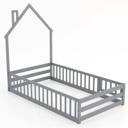 Twin Size Montessori Floor Bed, Lockable Door, Full Guardrail, Gray Toddler Beds at Gallery Canada