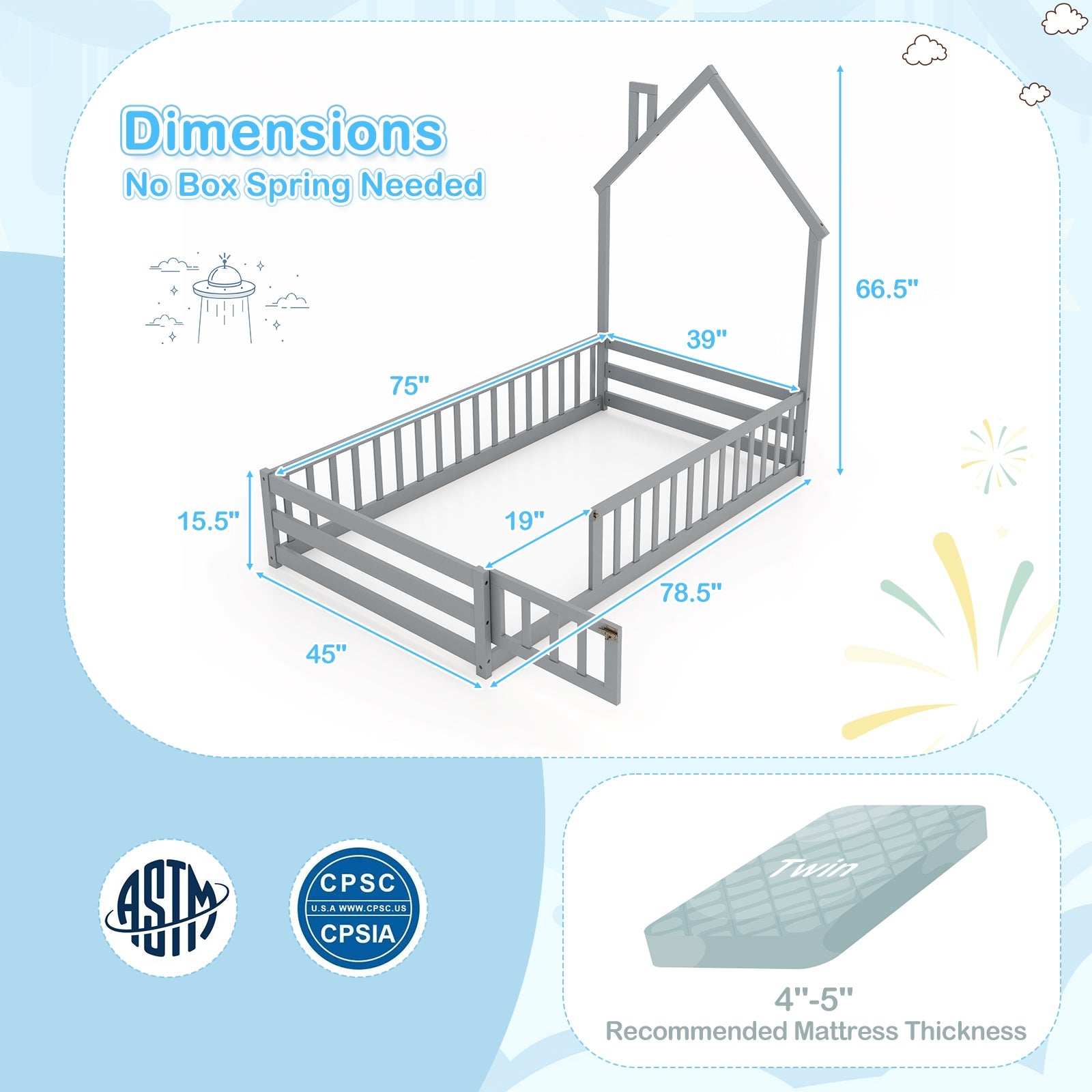 Twin Size Montessori Floor Bed with Lockable Door and Full-Length Guardrail, Gray Toddler Beds at Gallery Canada