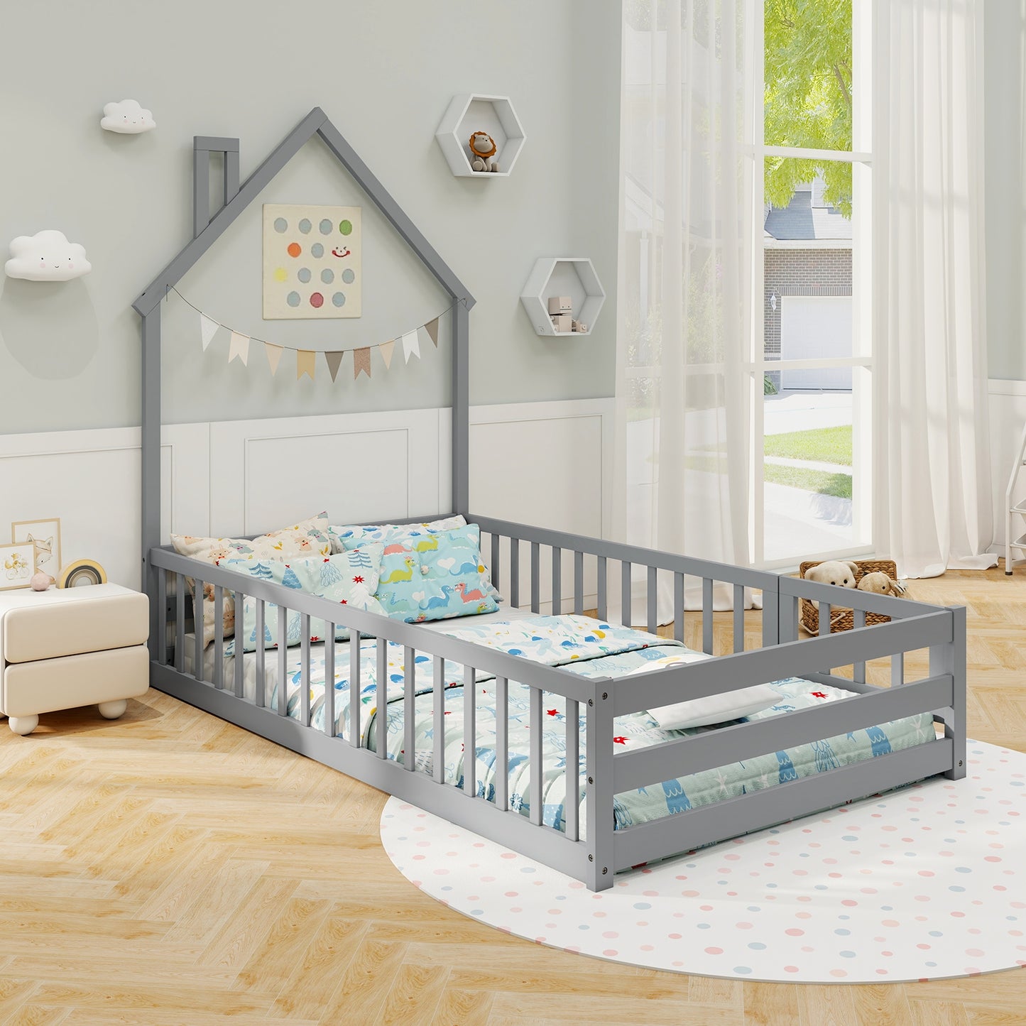 Twin Size Montessori Floor Bed with Lockable Door and Full-Length Guardrail, Gray Toddler Beds at Gallery Canada