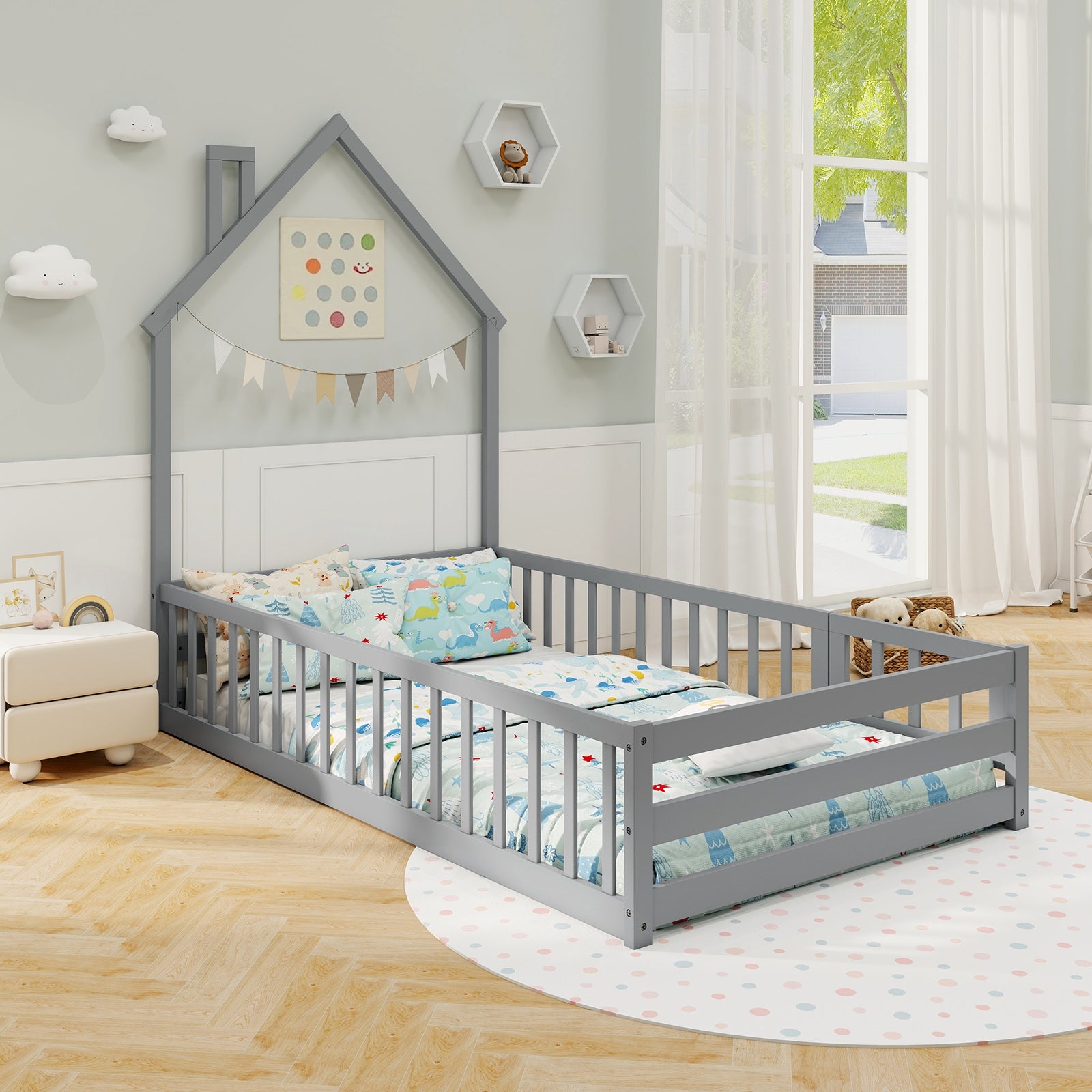 Twin Size Montessori Floor Bed with Lockable Door and Full-Length Guardrail, Gray Toddler Beds at Gallery Canada