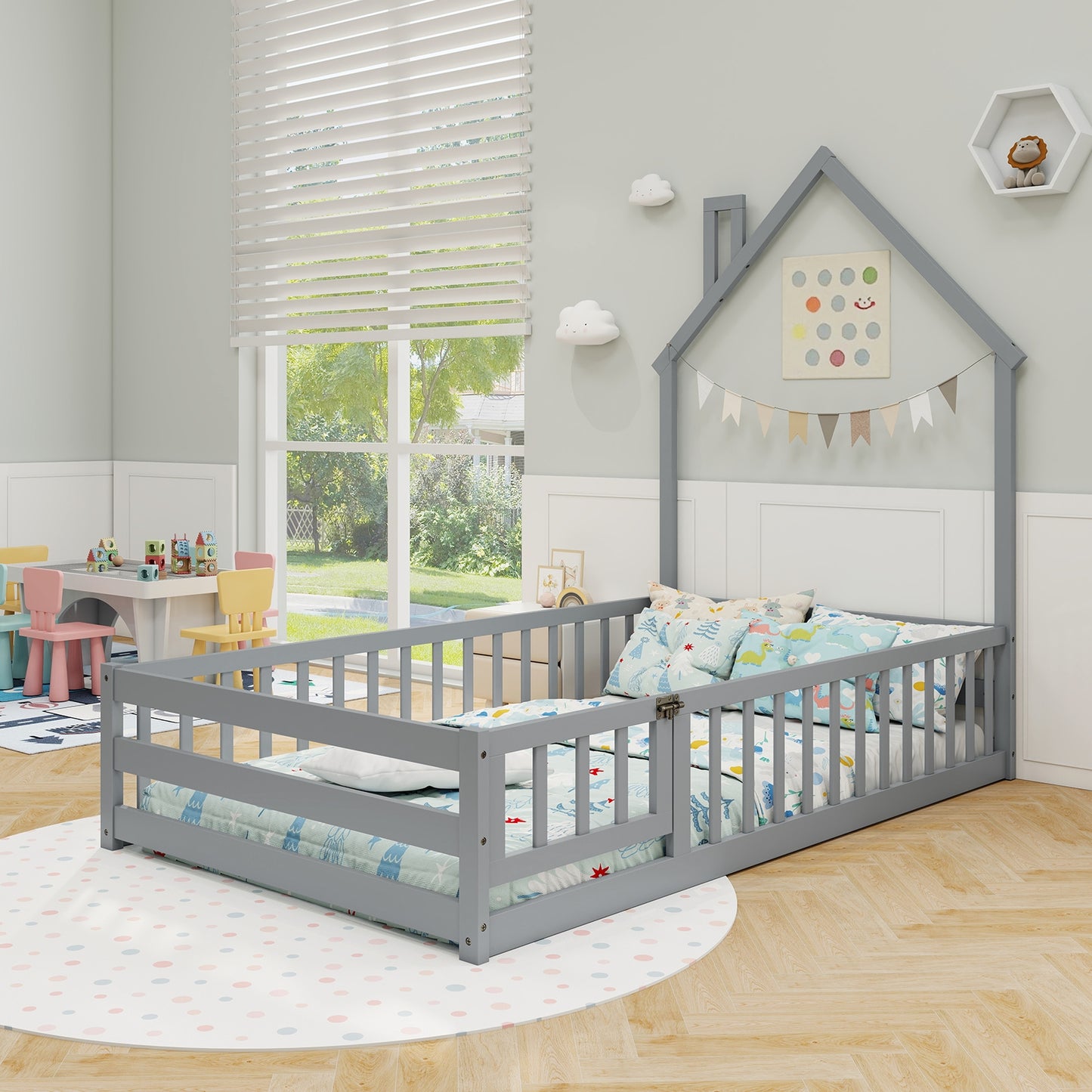 Twin Size Montessori Floor Bed with Lockable Door and Full-Length Guardrail, Gray Toddler Beds at Gallery Canada