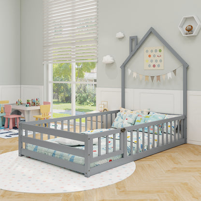 Twin Size Montessori Floor Bed with Lockable Door and Full-Length Guardrail, Gray Toddler Beds at Gallery Canada