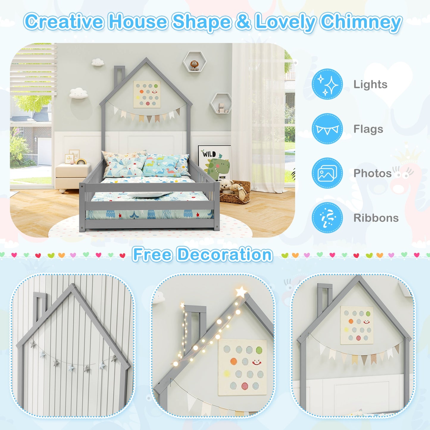 Twin Size Montessori Floor Bed with Lockable Door and Full-Length Guardrail, Gray Toddler Beds at Gallery Canada