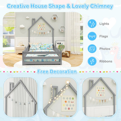 Twin Size Montessori Floor Bed with Lockable Door and Full-Length Guardrail, Gray Toddler Beds at Gallery Canada