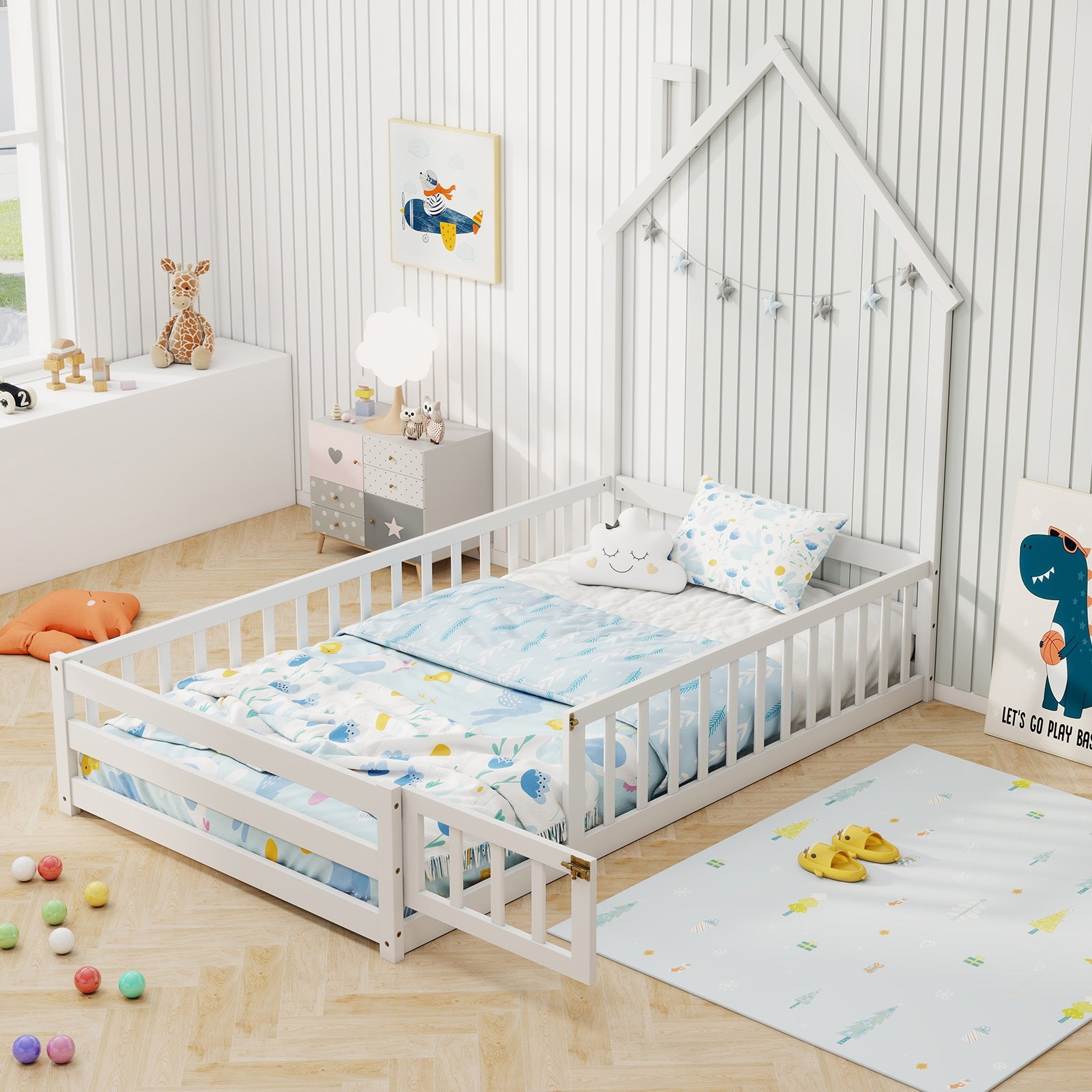 Twin Size Montessori Floor Bed with Lockable Door and Full-Length Guardrail, White Toddler Beds at Gallery Canada