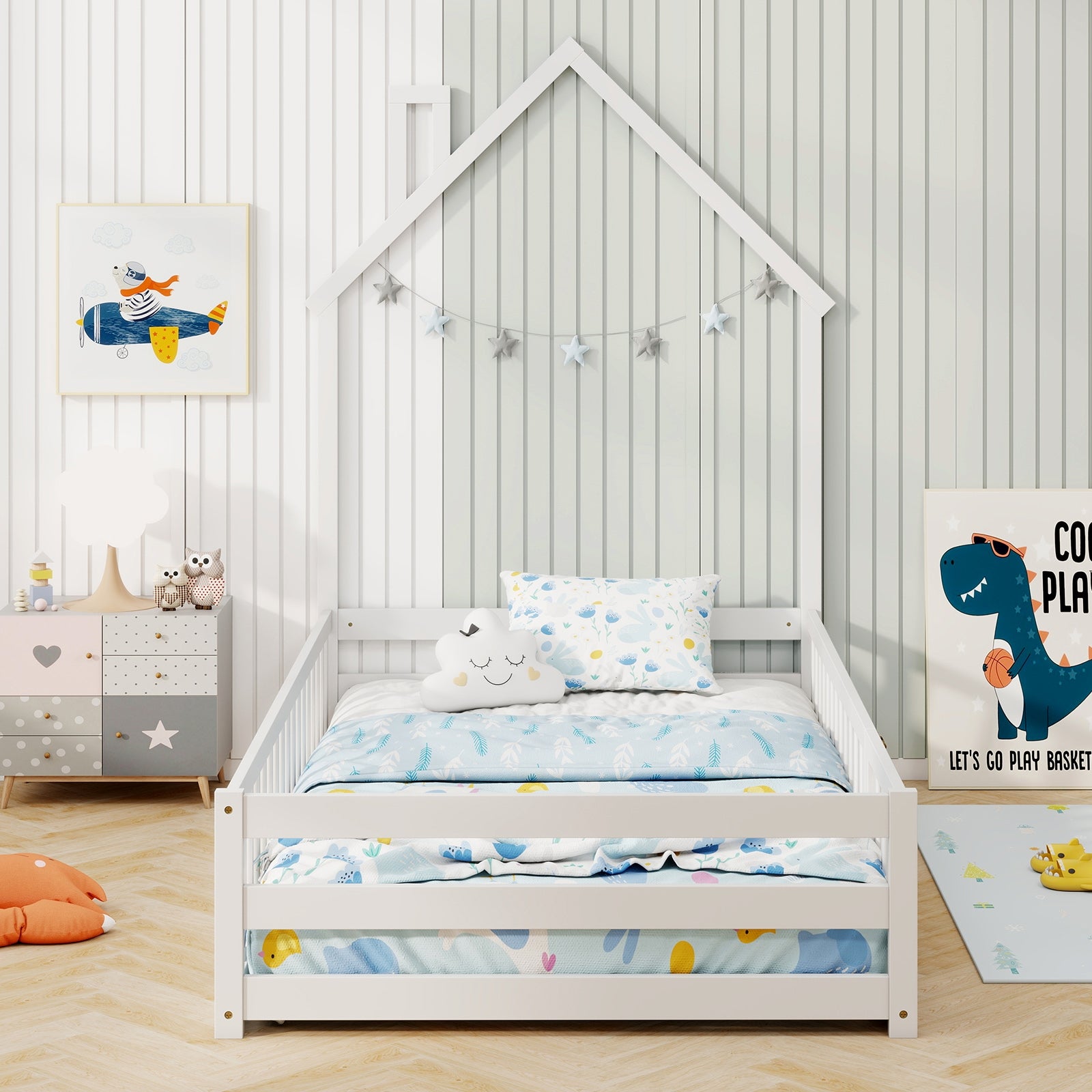 Twin Size Montessori Floor Bed with Lockable Door and Full-Length Guardrail, White Toddler Beds at Gallery Canada